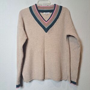 Madewell Tipped Forrest V-Neck Wool Blend Sweater Women's Sz S Cozy Winter Beige